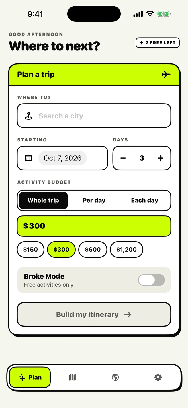 Trip planner with city, dates and budget
